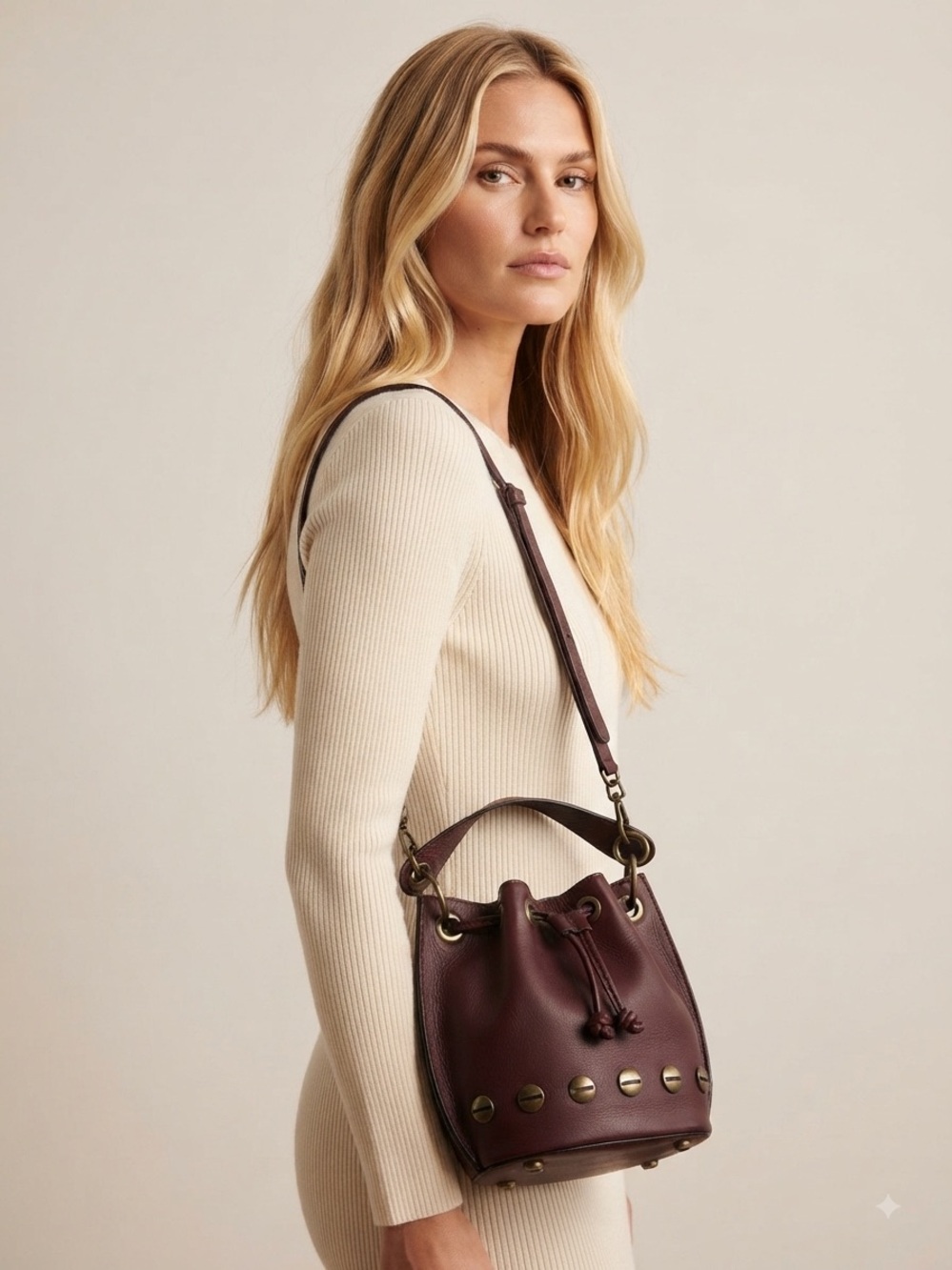 Stella Bianca Brown Italian Leather Brass Studded Drawcord Bucket Crossbody Bag